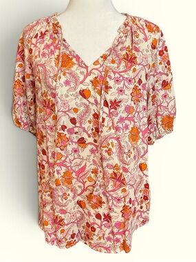Knox Rose Floral V-Neck Short Sleeve Blouse, Size S.